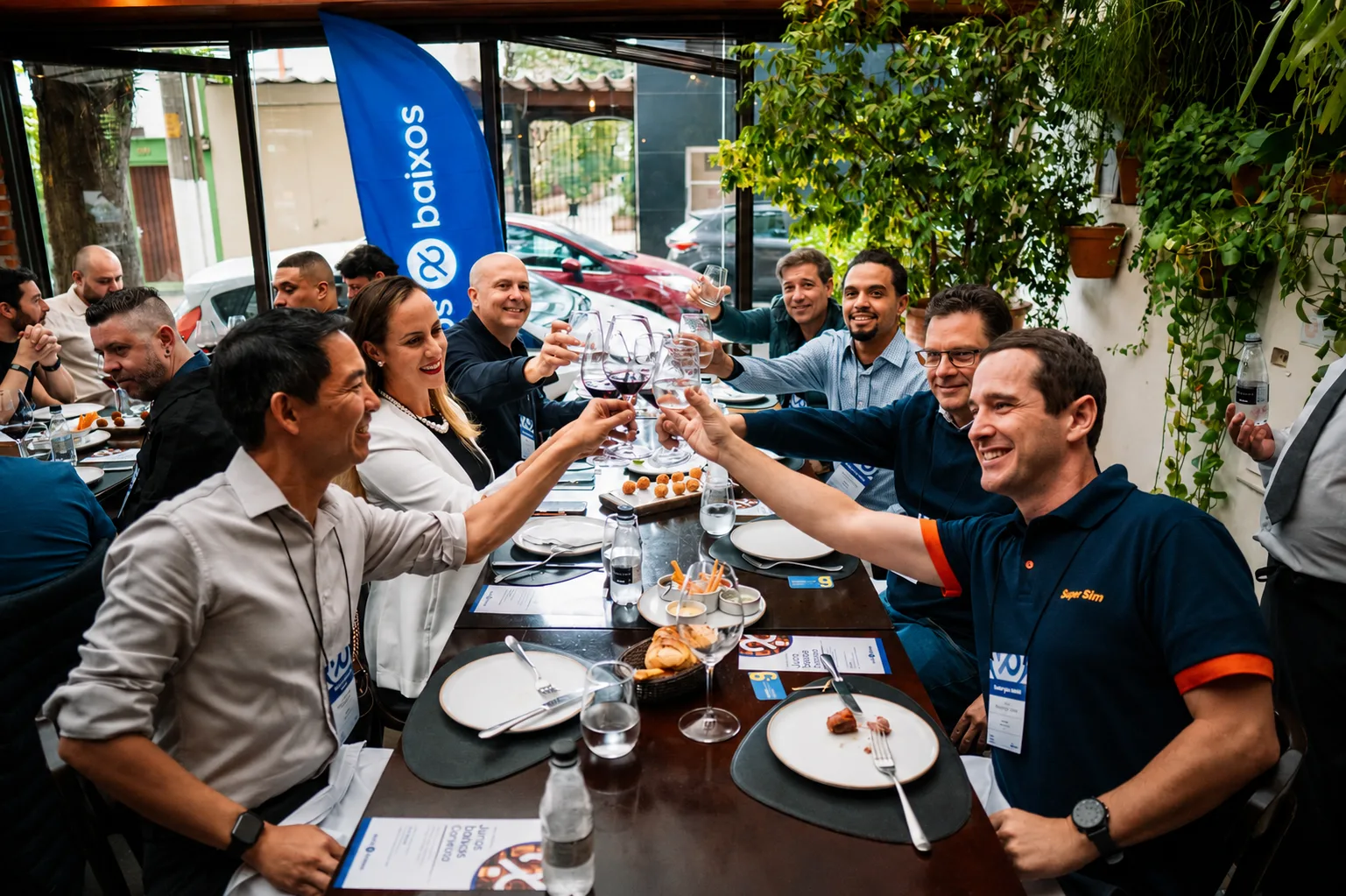 Executivos de financeiras e fintechs parceiros da Juros Baixos brindam durante o Juros Baixos Conecta, evento sobre embedded finance