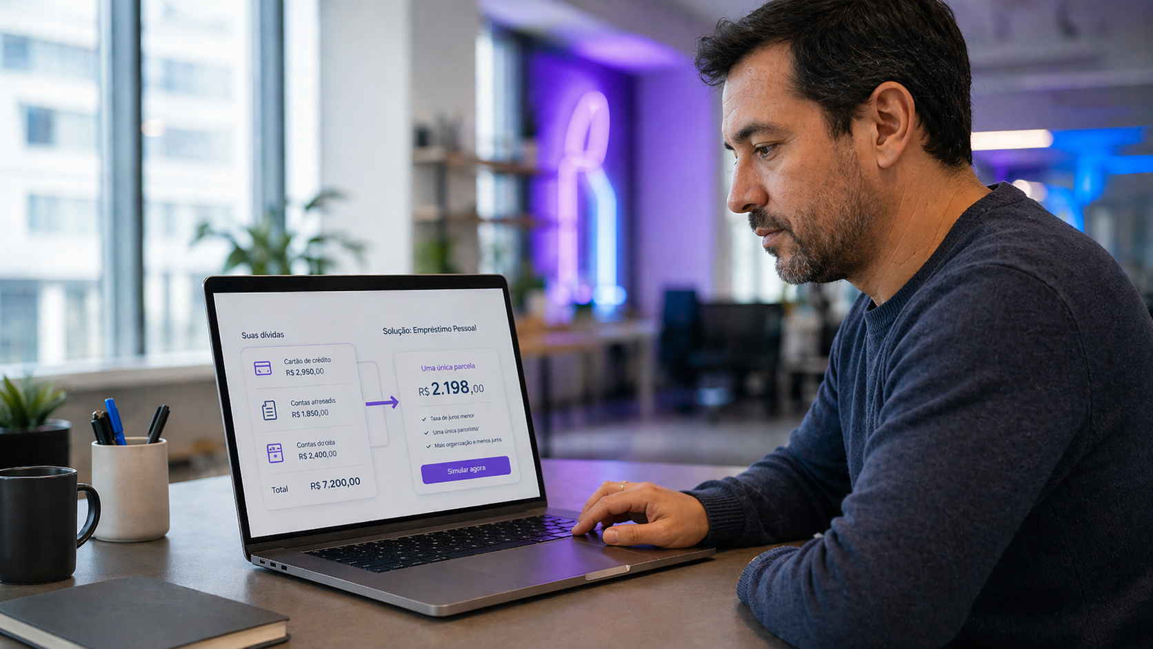 Homem fazendo simulação de empréstimo pessoal para consolidar dívidas em uma única parcela no notebook