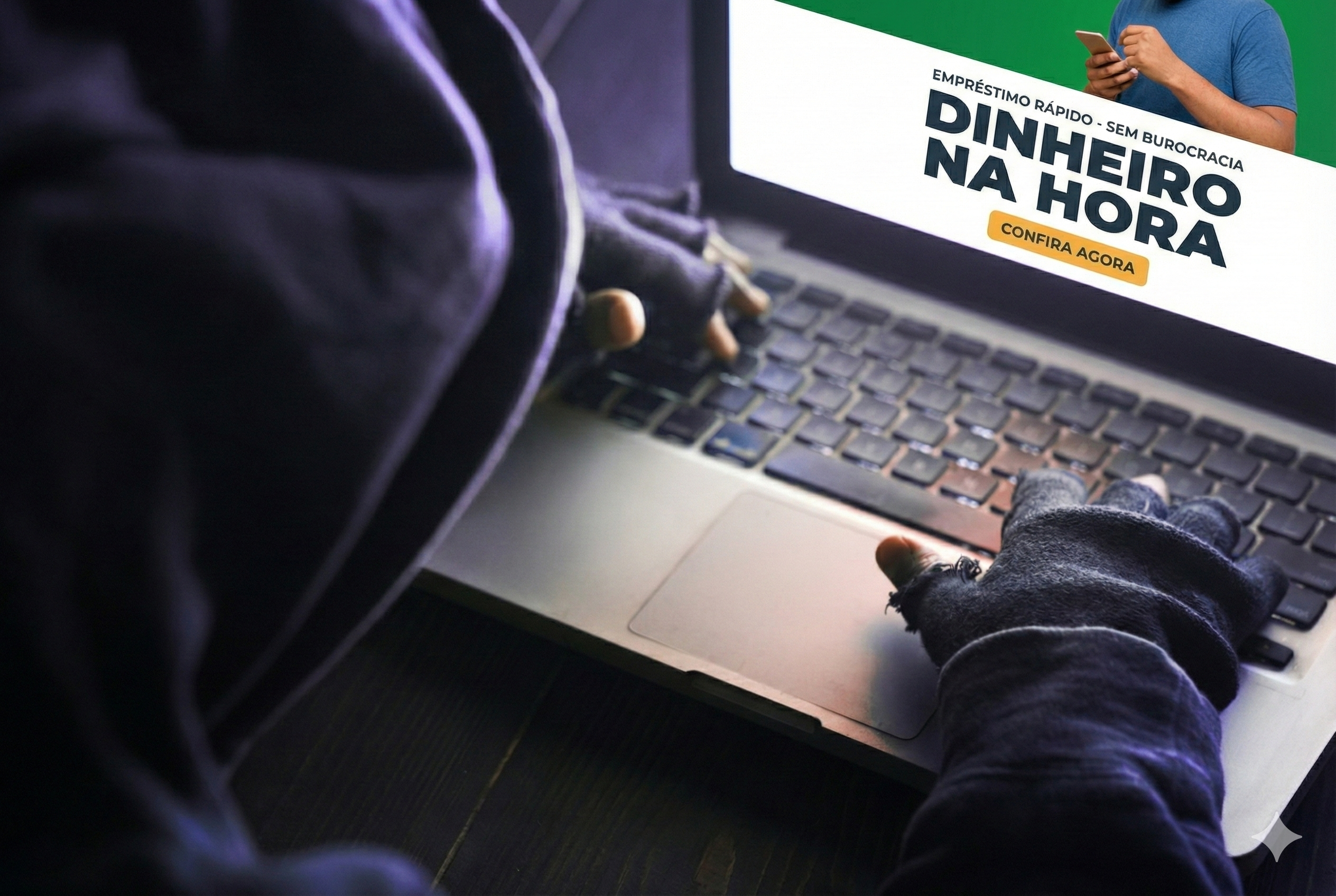 Agiota online: o que é, por que é arriscado e alternativas seguras e legais - Juros Baixos Pessoa digitando em notebook diante de anúncio falso de empréstimo rápido, ilustrando golpe de agiota online.
