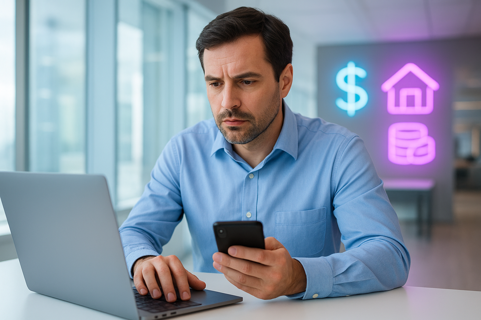 Pessoa comparando tipos de empréstimo no notebook e celular para escolher a opção de crédito mais adequada