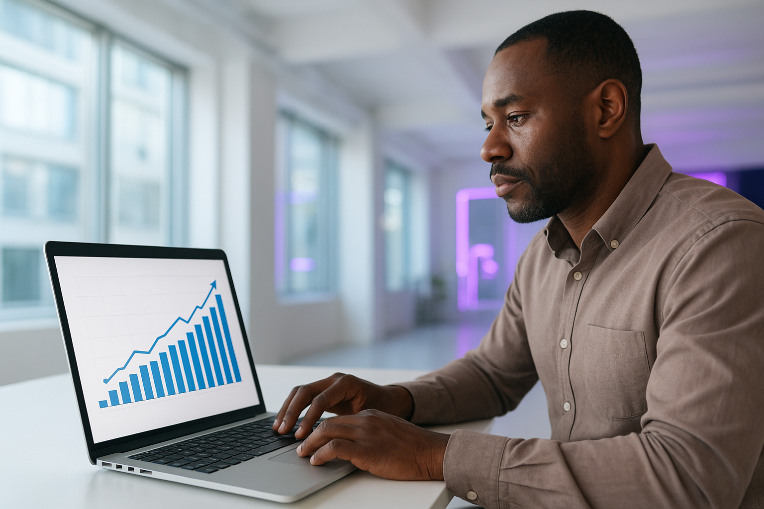 Executivo analisando gráfico de crescimento no notebook, ilustrando como marketplace de crédito e embedded finance aumentam conversão e receita com integração via API