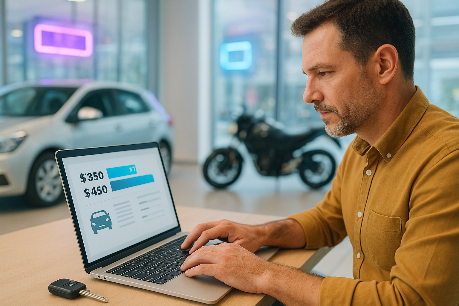 Homem comparando opções de bancos que oferecem empréstimo com garantia de veículo em um notebook, com carro e moto ao fundo, analisando valores e condições