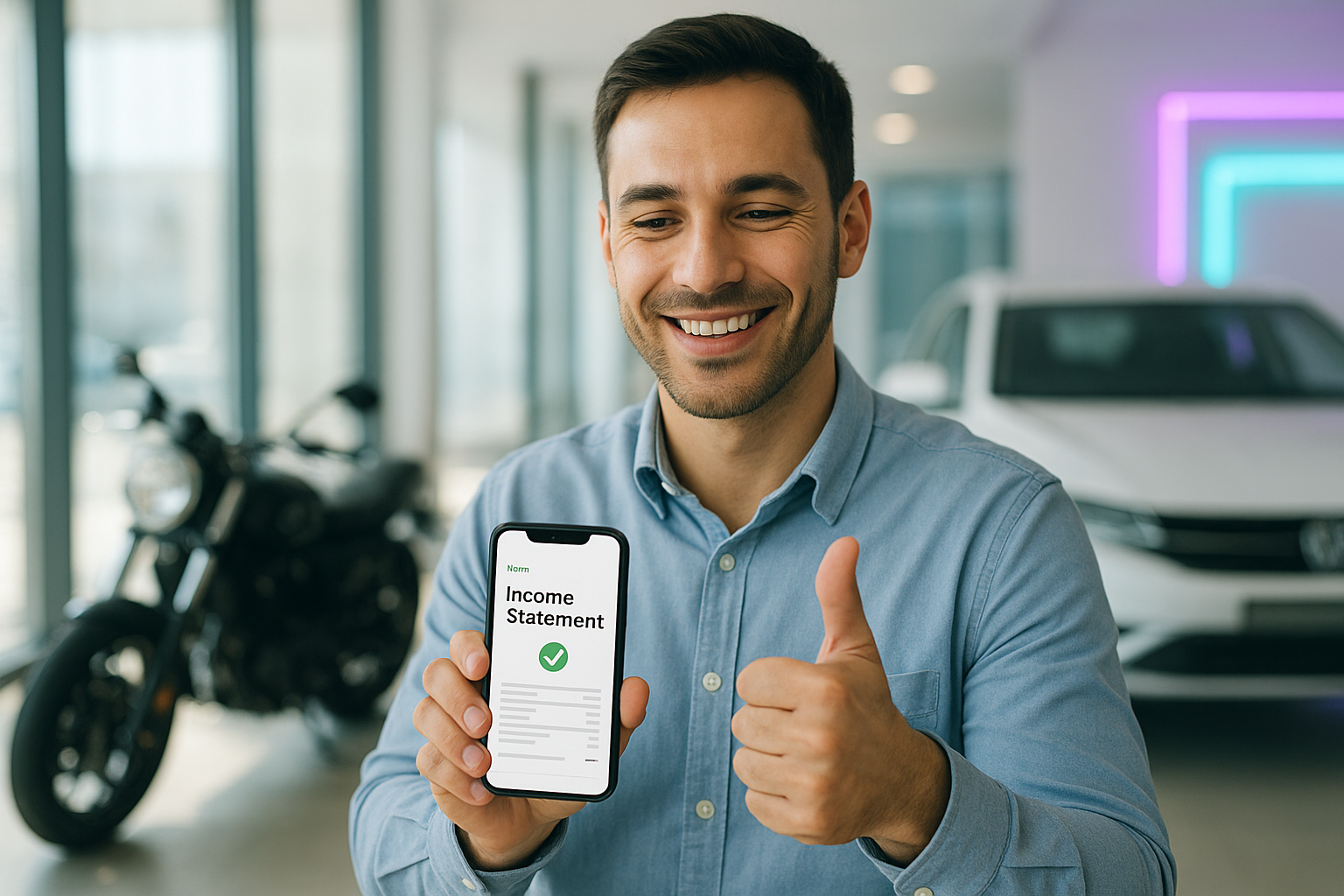 Homem autônomo sorrindo, mostrando no celular a comprovação de renda aprovada para empréstimo com garantia veicular