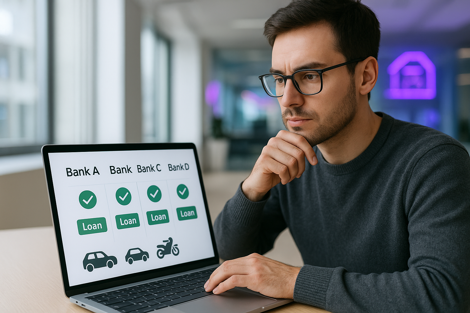 Homem comparando empréstimo com garantia de veículo em diferentes bancos no notebook, analisando condições de crédito para carro e moto