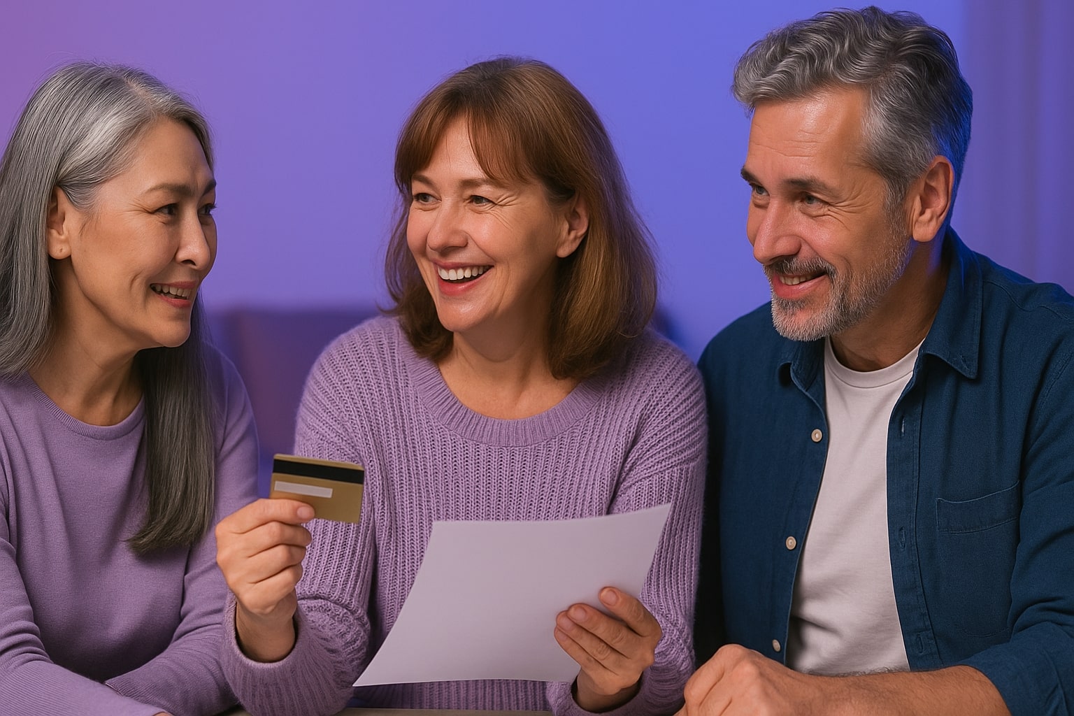 Aposentados reunidos analisando opções de empréstimo pessoal, com cartão e documento em mãos