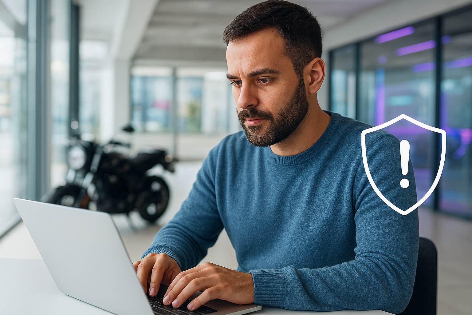 Golpes em empréstimo com garantia de moto: sinais de alerta para não cair em ciladas Homem analisando empréstimo com garantia de moto no notebook, com ícone de alerta de segurança, representando cuidados para evitar golpes e fraudes na hora de contratar o crédito