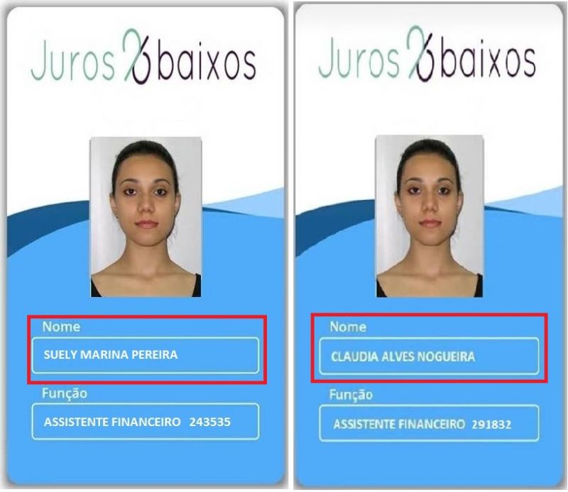 Golpe do empréstimo para negativado: confira a lista de sites fraudulentos - Juros Baixos Dois crachás fictícios da empresa juros baixos, um com o nome Suely Marina Pereira e outro com o nome CLaudia Alves Nogueira