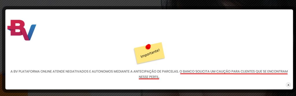 Golpe do empréstimo para negativado: confira a lista de sites fraudulentos - Juros Baixos Mensagem que aparece quando se entra no site dizendo que o banco solicita um caução para clientes que se encontram nesse perfil.