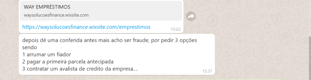 Golpe do empréstimo para negativado: confira a lista de sites fraudulentos - Juros Baixos Print da conversa do cliente com medo de ser fraude já que o site estava pedindo três passos antes de liberar o dinheiro.