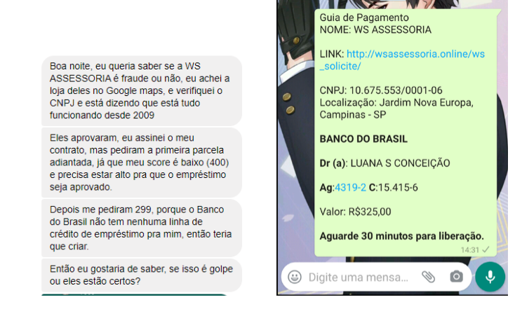 Golpe do empréstimo para negativado: confira a lista de sites fraudulentos - Juros Baixos Print de uma pessoa falando sobre o golpe que ela caiu