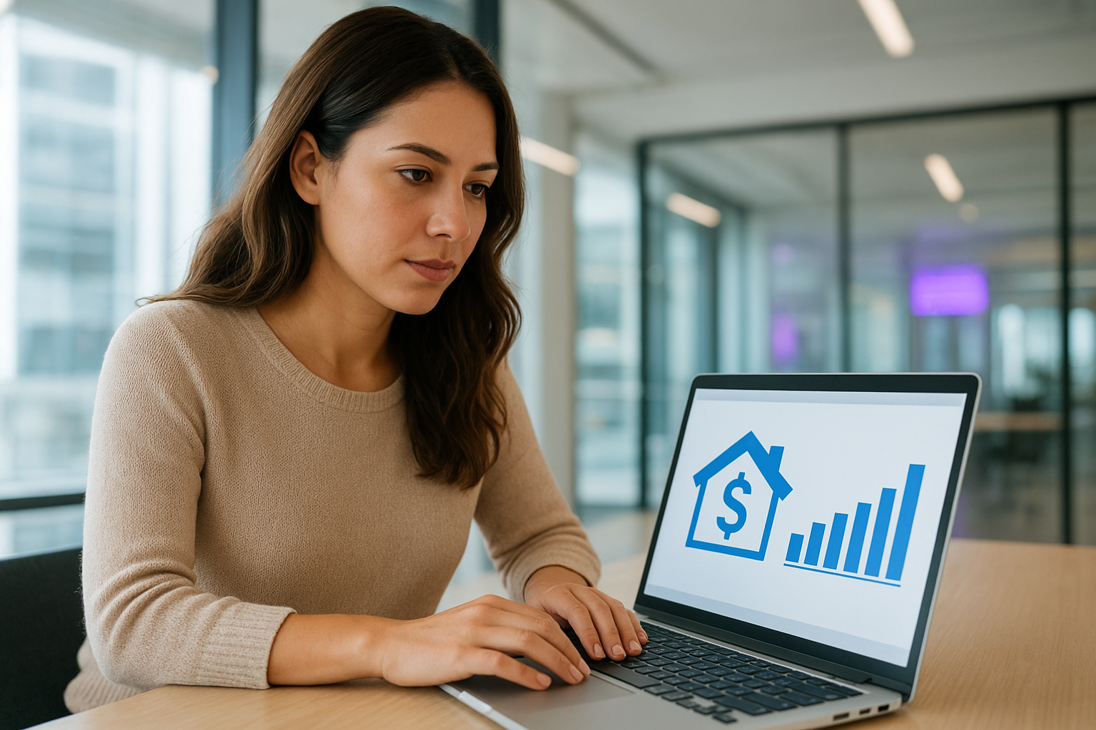 Mulher analisando empréstimo com garantia de imóvel no notebook, com gráfico de valorização e ícone de casa na tela representando essa modalidade