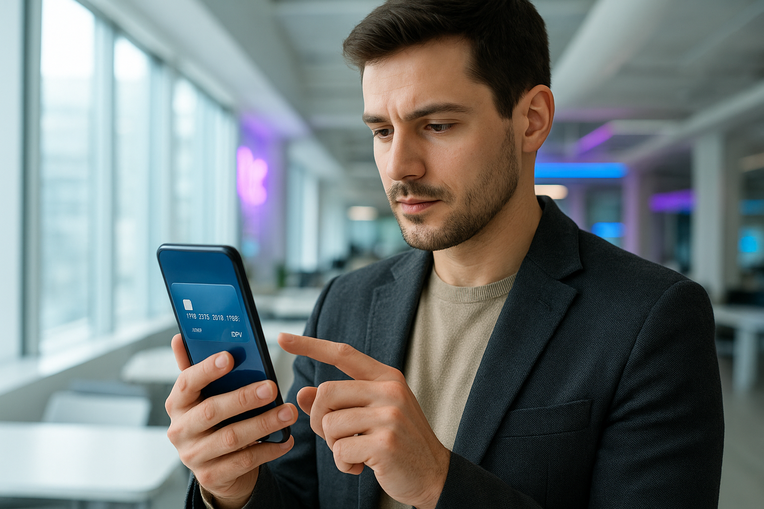 Empréstimo com garantia de celular: como o aparelho é analisado Homem verificando dados do aparelho durante a análise para empréstimo com garantia de celular