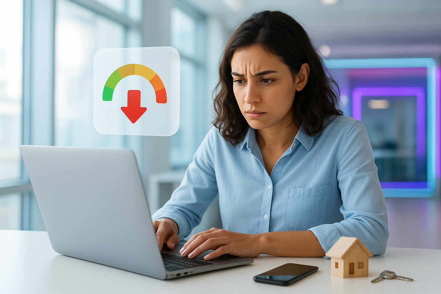 Mulher analisando no notebook opções de empréstimo com garantia para negativado, com referência a score baixo e bens como casa e celular