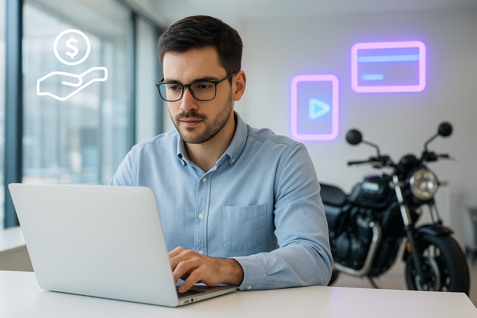 Empréstimo com garantia de moto financiada: consigo usar a motocicleta no processo? Homem pesquisando empréstimo com garantia de moto financiada no notebook, com motocicleta ao fundo, representando essa modalidade de crédito