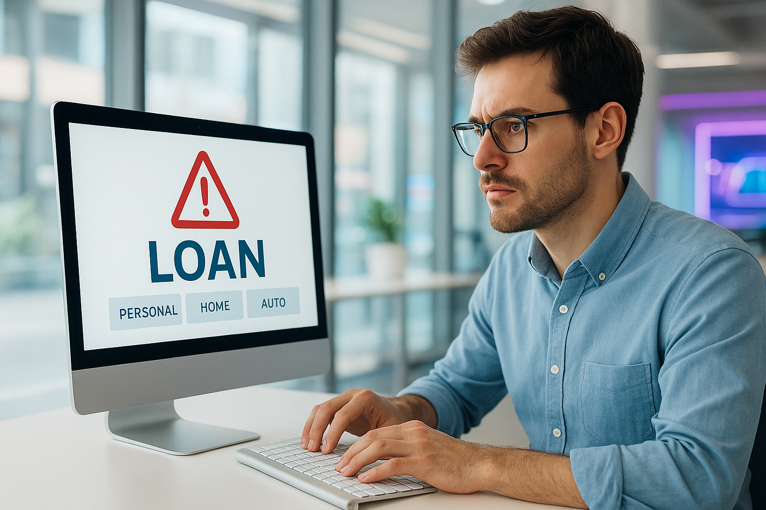 8 erros comuns na contratação de empréstimo e como evitar Homem analisando proposta de empréstimo no computador com aviso de alerta na tela, representando cuidados antes de contratar crédito