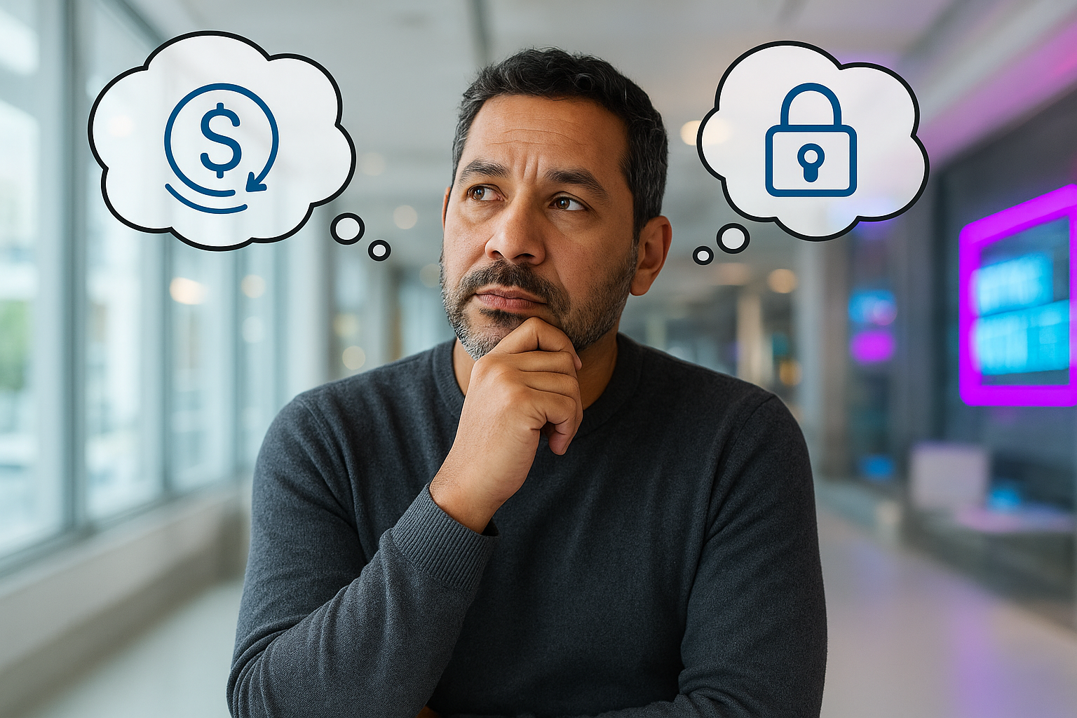 Empréstimo pessoal sem garantia vale a pena? Compare com o crédito com garantia Homem refletindo sobre empréstimo pessoal sem garantia e crédito com garantia, com ícones de dinheiro e segurança ao fundo representando as modalidades