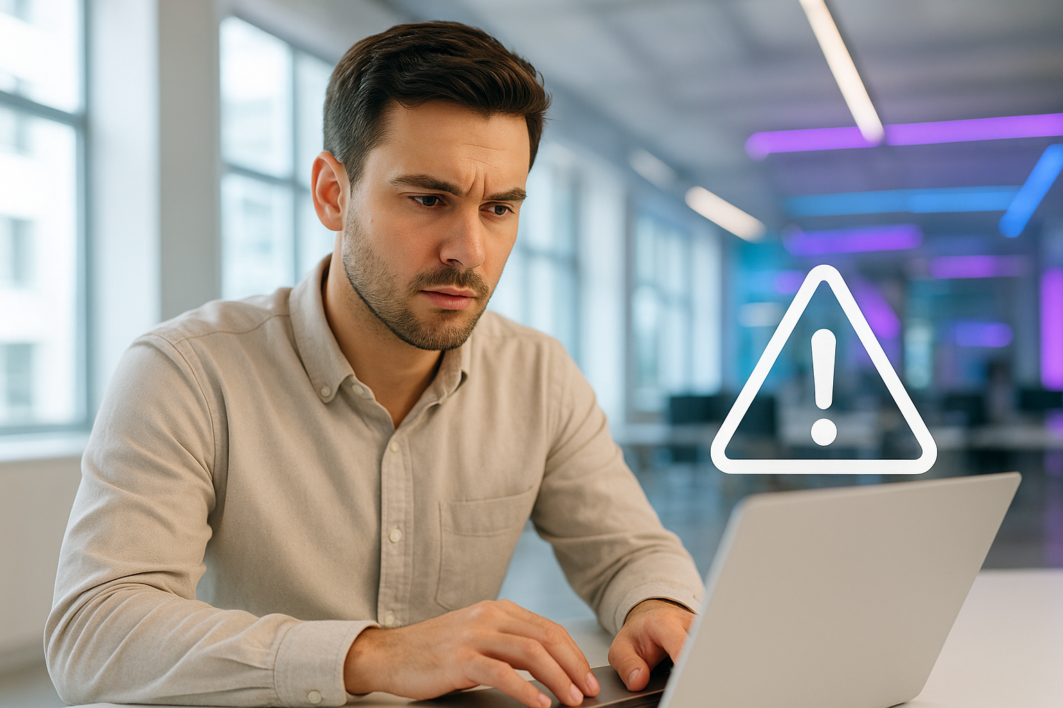 Golpe do empréstimo para negativado: confira a lista de sites fraudulentos Homem usando notebook com ícone de alerta, representando golpe do empréstimo para negativado e sites fraudulentos