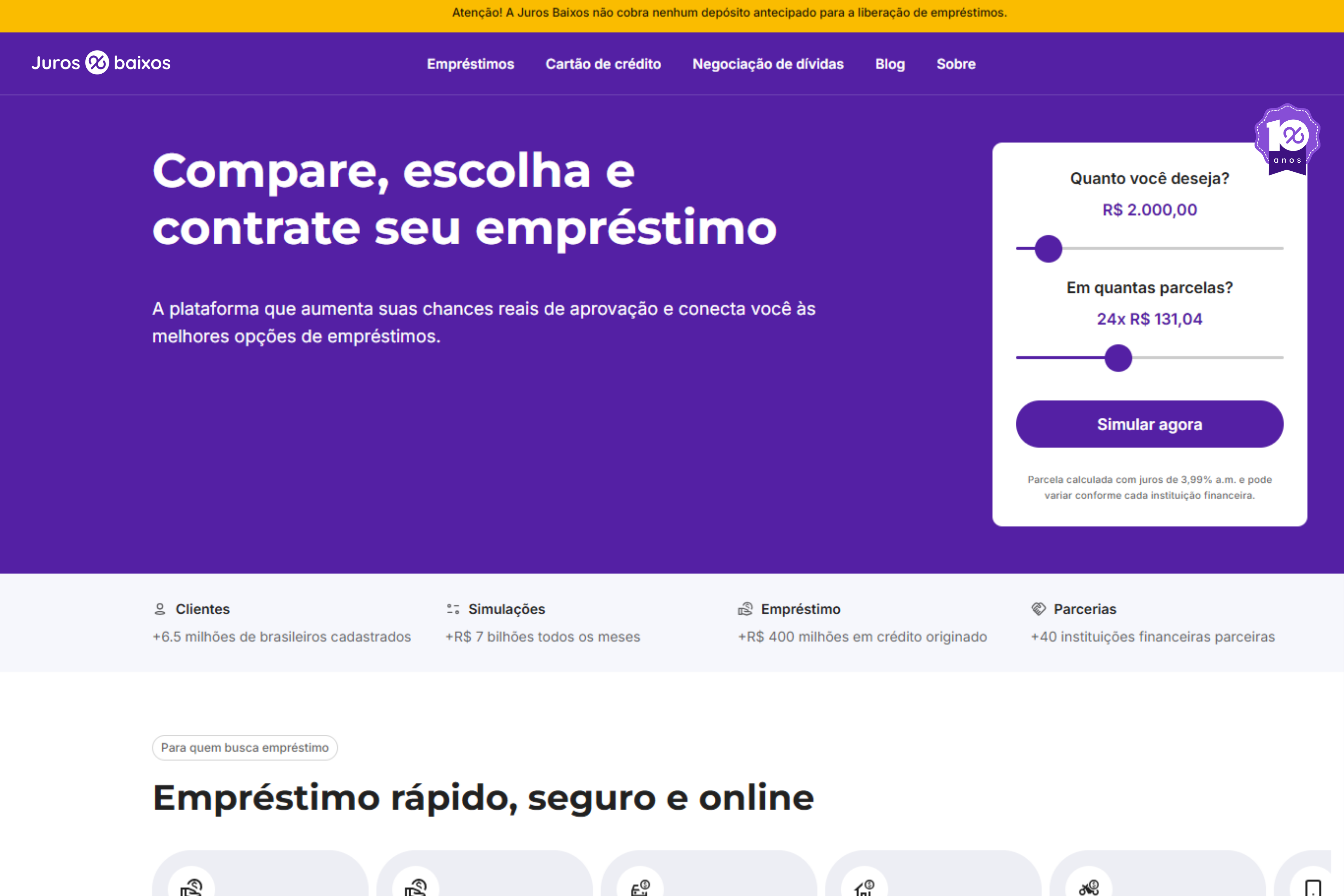 Print da home do site da Juros Baixos com simulador de empréstimo online, comparação de parcelas e destaque para contratação segura 