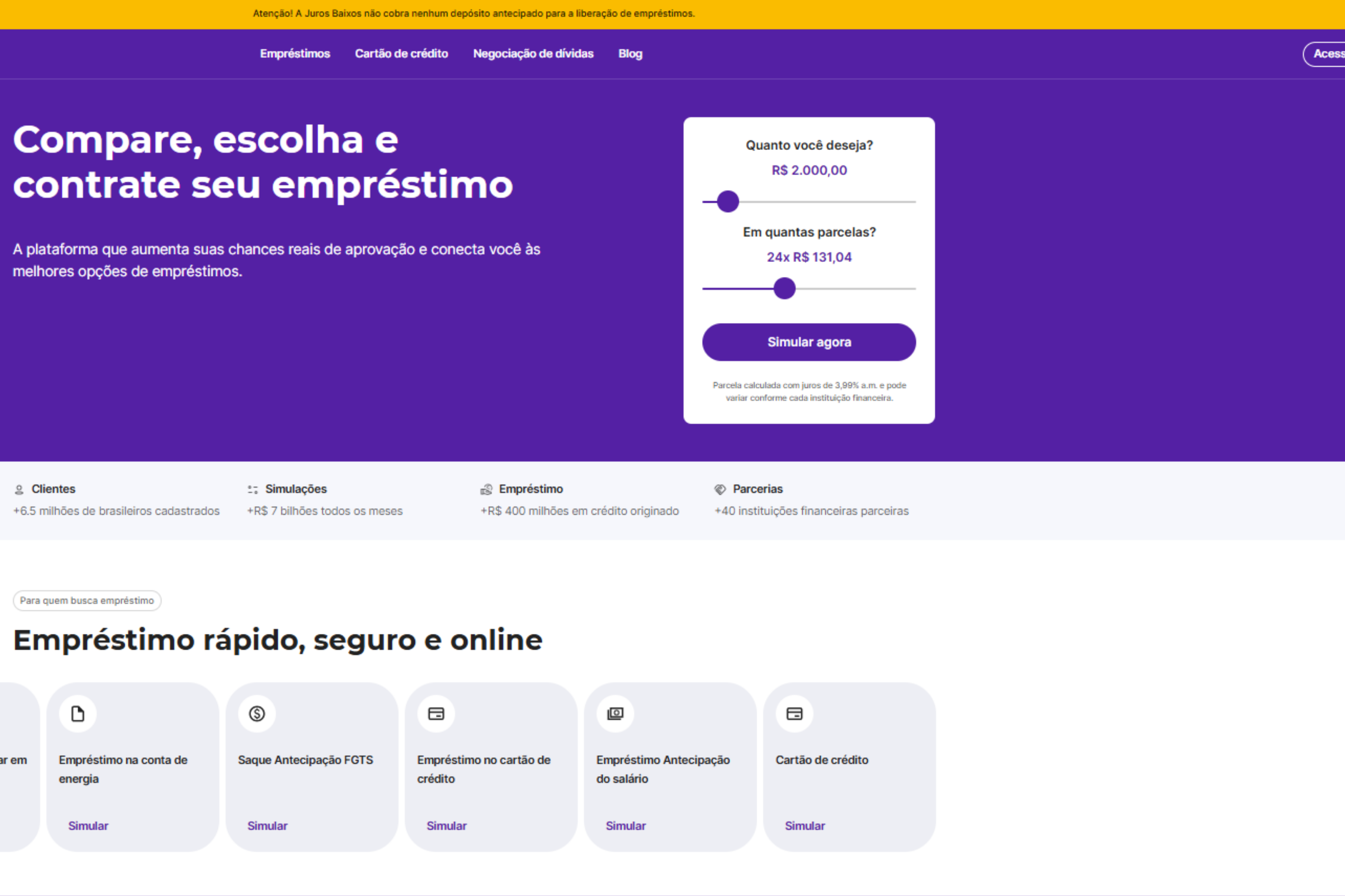Juros Baixos é confiável e segura? - Juros Baixos Captura da página inicial da Juros Baixos com simulador de empréstimo (valor e número de parcelas) e aviso de que não há depósito antecipado para liberar crédito