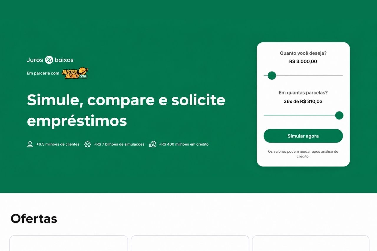 Como validar novas fontes de receita no setor de crédito sem tirar o time de tecnologia do roadmap - Juros Baixos Print de uma LP co-branded feita pela Juros Baixos em parceria com a Mister Money para explorar novas fontes de receita