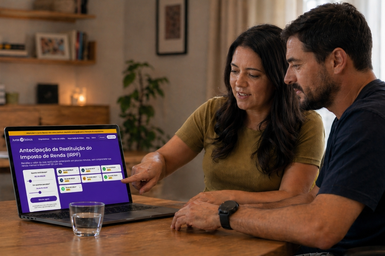 Casal em casa sentado na mesa, olhando para o notebook na página da Juros Baixos sobre Antecipação da Restituição do Imposto de Renda, analisando uma simulação online
