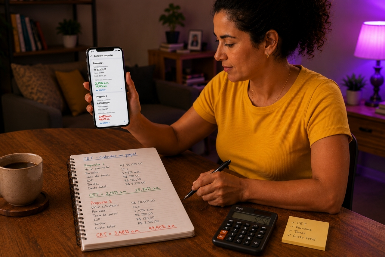 Mulher comparando o CET de duas propostas de empréstimo calculadas no papel, com resultado da simulação no celular