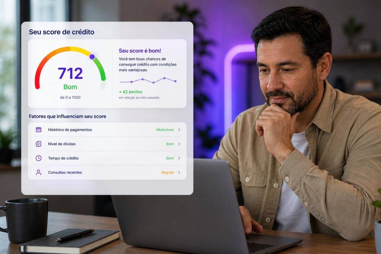 Homem consultando o score de crédito no notebook, com painel mostrando pontuação de 712, status do histórico de pagamentos e fatores que influenciam a pontuação