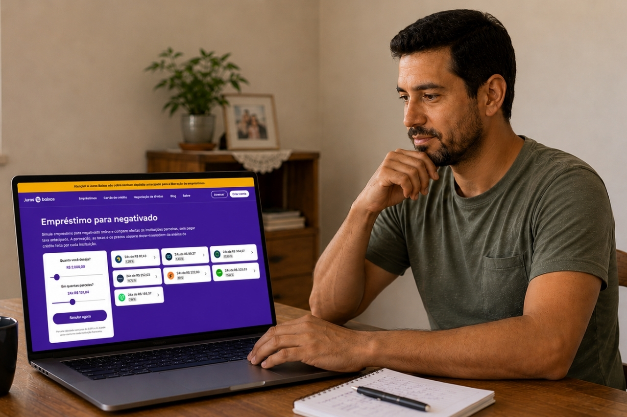 Empréstimo para negativado: como conseguir, onde simular e o que avaliar antes de contratar Homem em casa sentado na mesa comparando ofertas de empréstimo para negativado no simulador da Juros Baixos pelo notebook