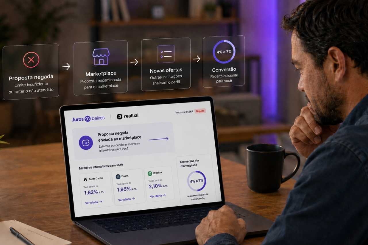 Homem em casa, analisando nova proposta de crédito na tela do notebook