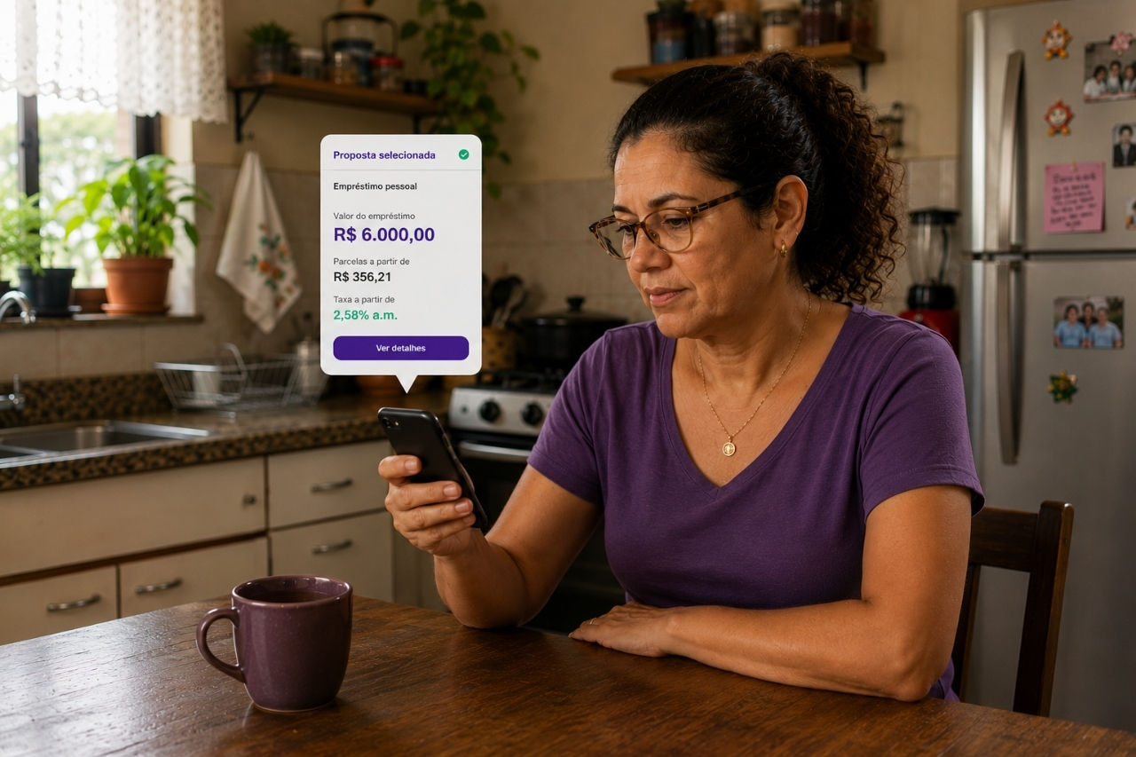 Empréstimo pessoal e Novo Desenrola Brasil: como quitar dívidas em vários bancos de uma vez Mulher sentada à mesa da cozinha, simulando empréstimo pessoal de R$ 6.000 no celular, na plataforma da Juros Baixos