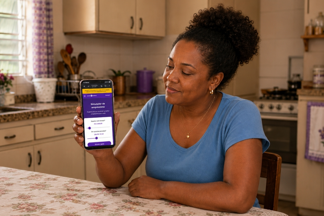 Como simular empréstimo: guia prático para comparar taxas e escolher com segurança Mulher sentada à mesa da cozinha segurando celular com a página do simulador de empréstimo da Juros Baixos aberto na tela para simular empréstimo