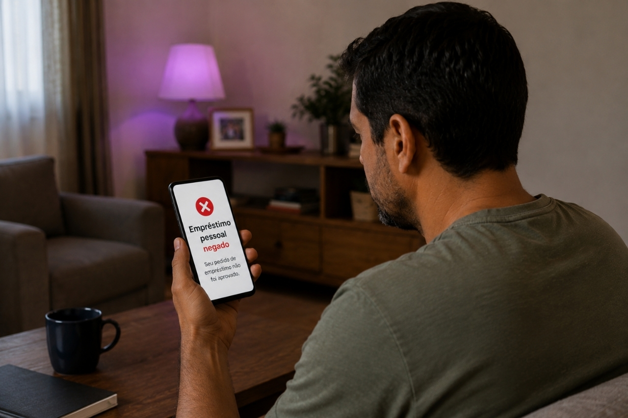 Por que meu empréstimo pessoal foi negado? 5 erros que travam a aprovação Homem segurando celular com tela exibindo a mensagem "Empréstimo pessoal negado" após pedido de crédito recusado